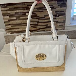 Emma Fox White Leather and Woven Newport Crossbody Satchel